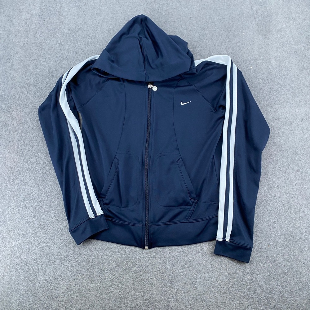 Nike‎ Y2K Sportswear Girls Blue Full Zip Hooded Track Jacket White Stripe Size M